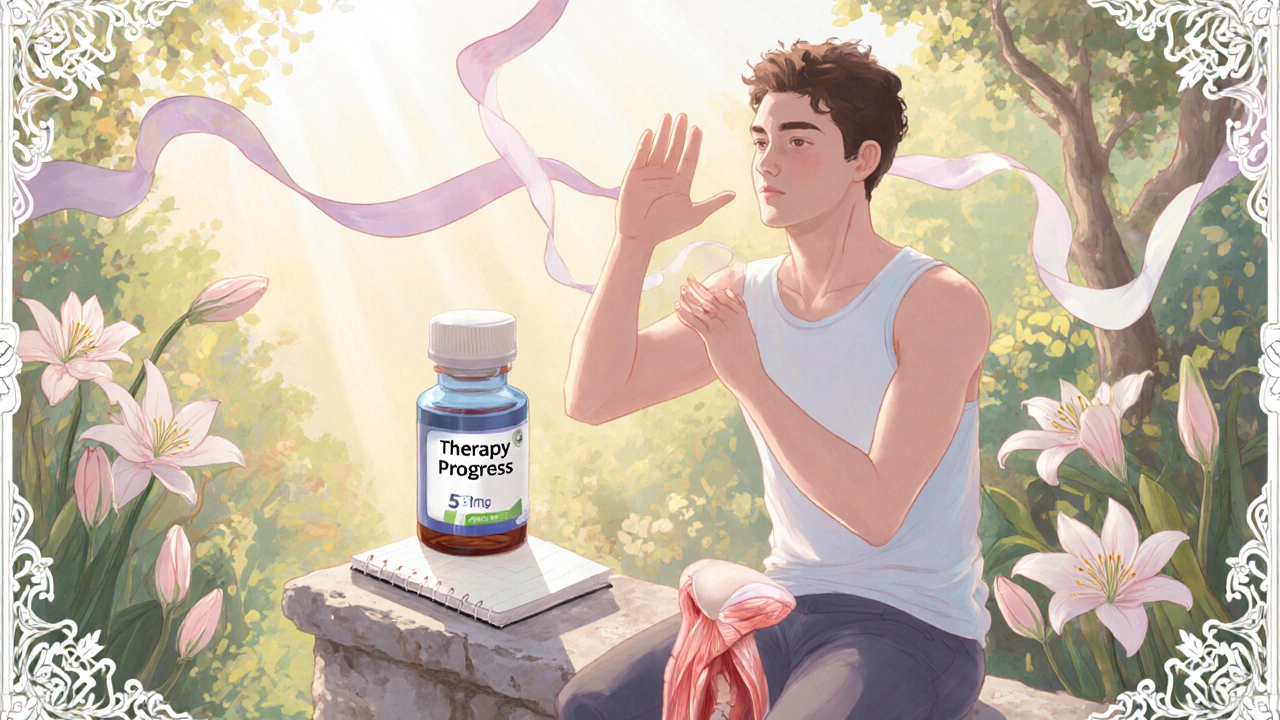 A man doing pelvic exercises in a garden with a small pill bottle and notebook, surrounded by floral Art Nouveau motifs.