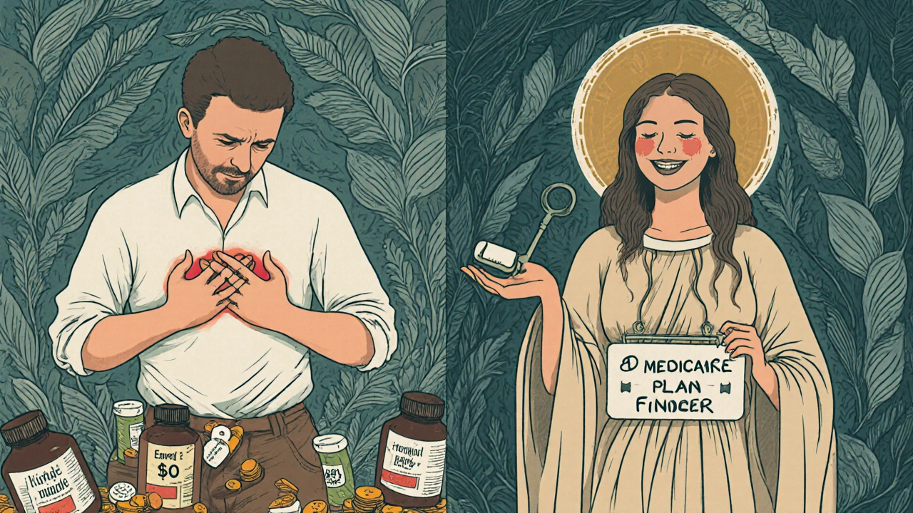 A man in distress on one side, healed on the other, with a guiding figure offering a key labeled &#039;Medicare Plan Finder&#039;.