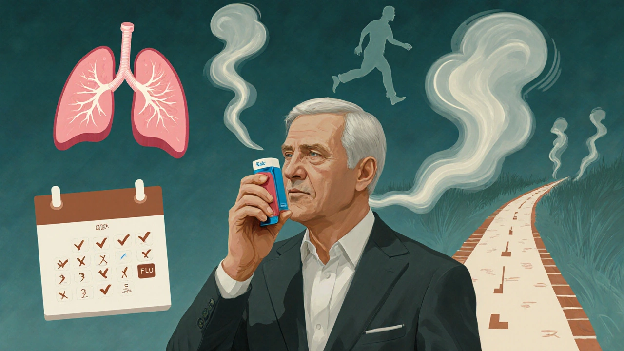 A man using an inhaler correctly, surrounded by glowing symbols of lung health, vaccines, and improved mobility.