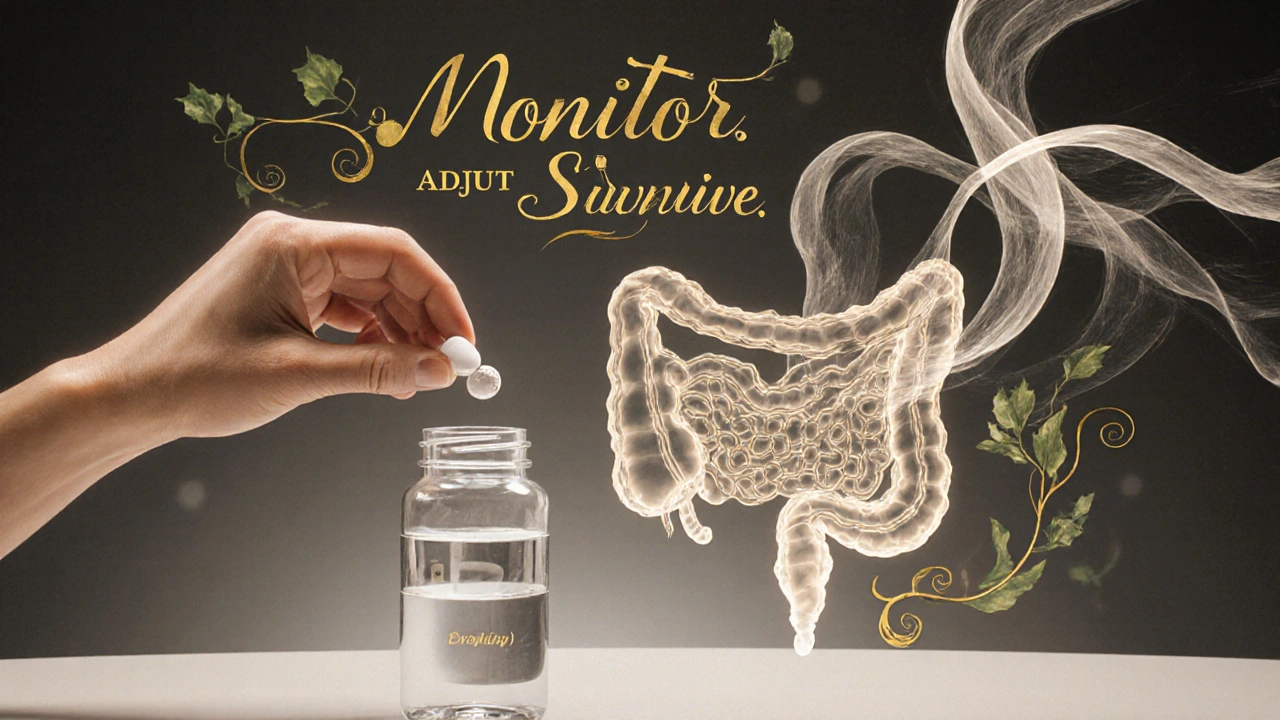 A patient crushing a pill beside water, with abstract intestines and golden filigree showing differences in drug absorption after surgery.