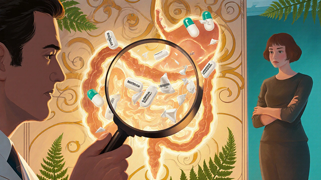 A pharmacist examining a glowing chart of post-surgery digestion with floating medication capsules in ornate Art Nouveau design.