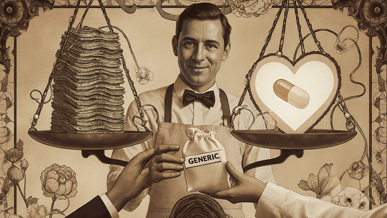 A pharmacist giving a generic pill while a scale balances money and medicine, adorned with vines and flowers.