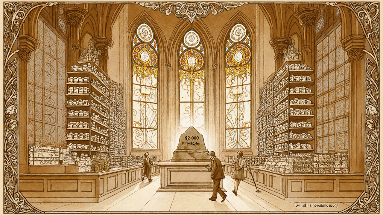 A pharmacy cathedral with medication shelves bowing to a ,000 cap stone, patients walking freely under glowing windows.