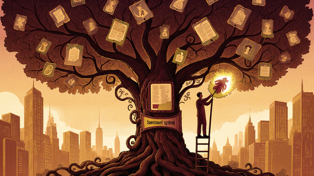 A tree with EHR branches and patient leaves, rooted in the Sentinel System, watched by a pharmacist.