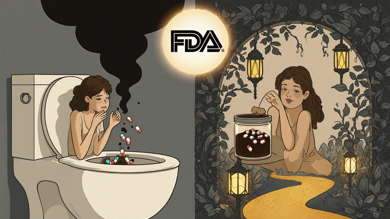 A woman correctly disposes of recalled pills by mixing them with coffee grounds in a sealed jar, surrounded by nature-inspired patterns.