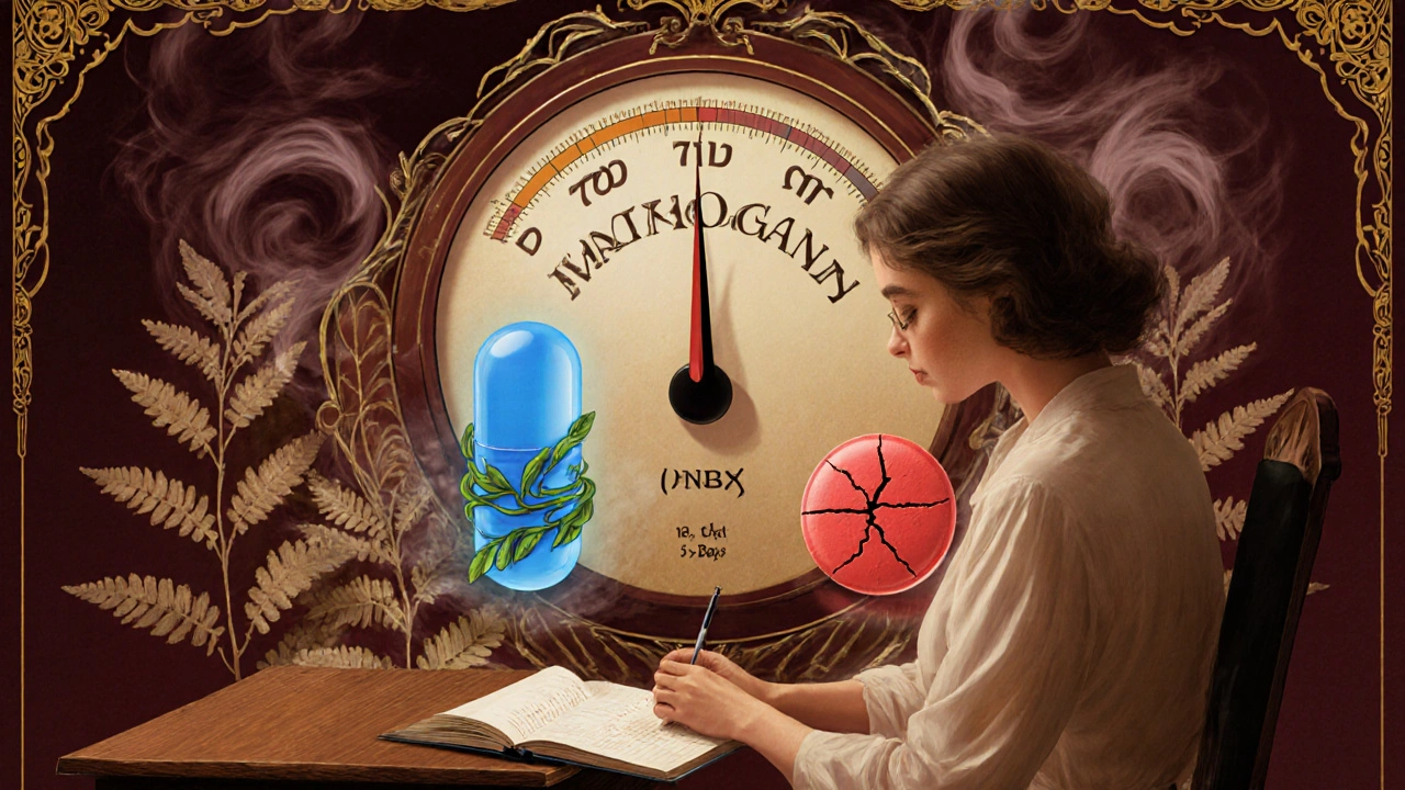 A woman logging doses as estrogen and warfarin figures emerge, with an INR meter trembling near danger zone.