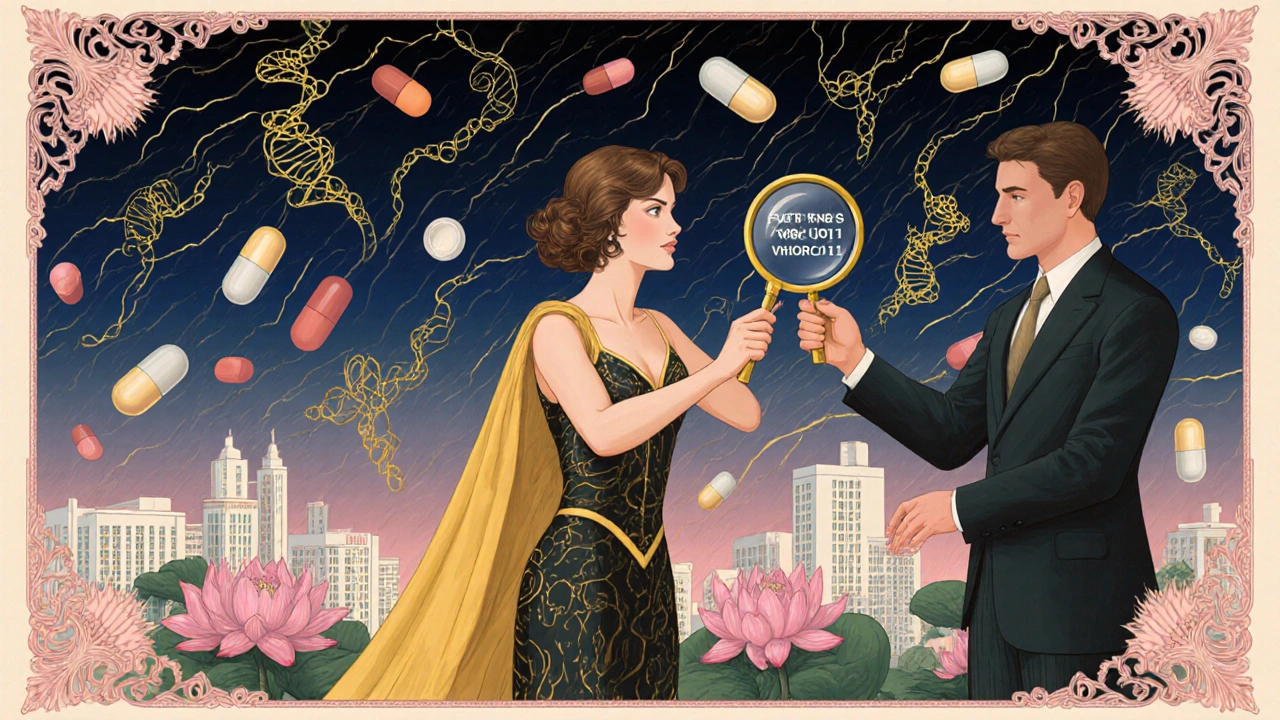 A woman standing strong against floating meds and genes, with a pharmacist offering a magnifying glass to reveal safe INR.