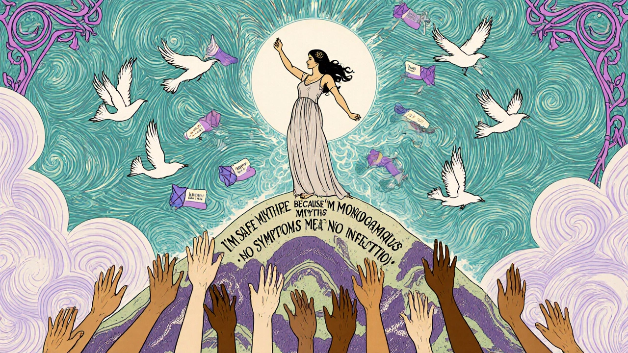 A woman stands atop discarded myths, releasing protective birds into a swirling sky, representing empowerment and prevention.