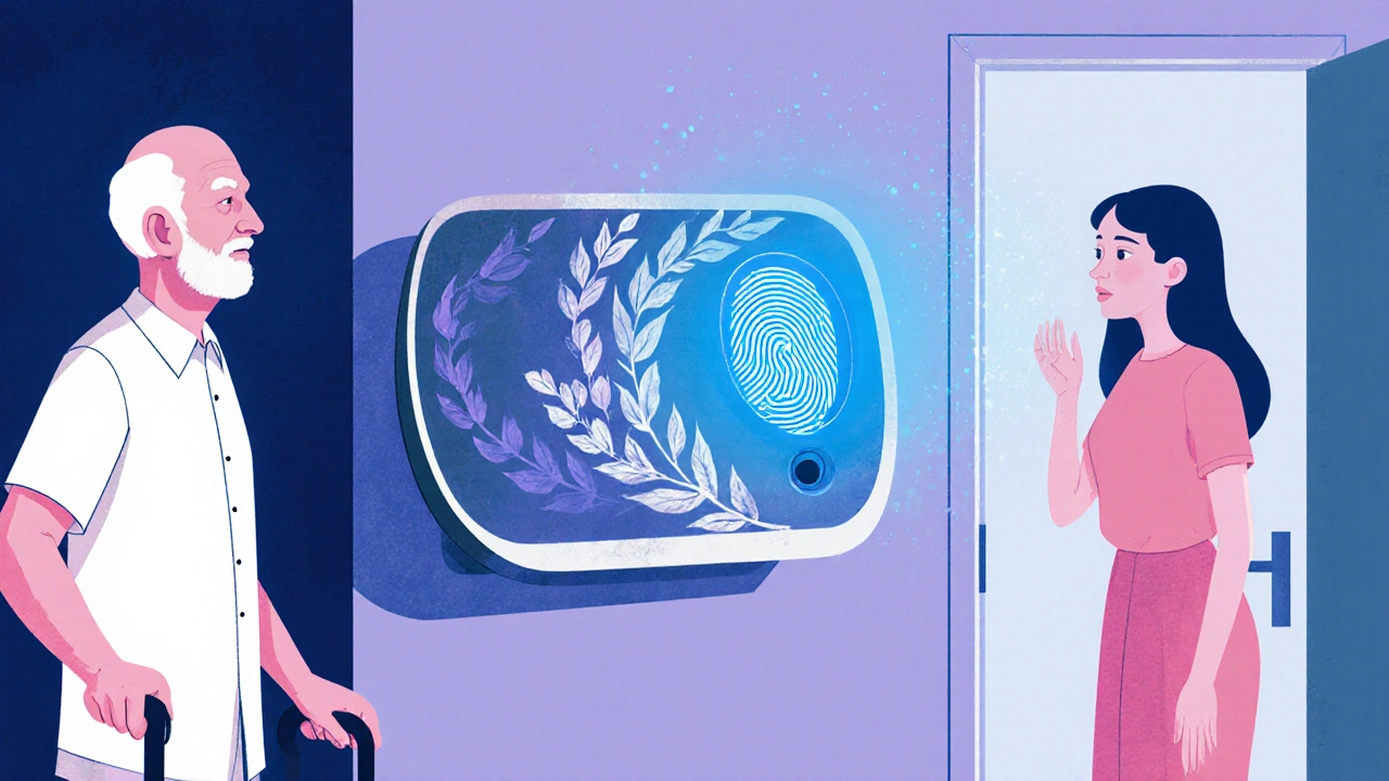 An elderly man unlocking a floral-engraved medication box with his fingerprint in a bedroom.