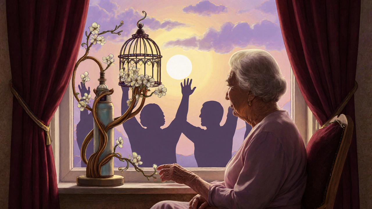 An elderly woman with oxygen tubing shaped like blooming vines, bathed in sunrise light, surrounded by supportive figures.