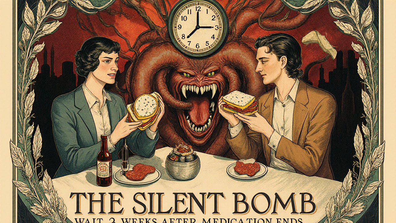 Couple sharing a sandwich while their shadows reveal a tyramine monster, with clock hands spinning and warning text in flowing script.