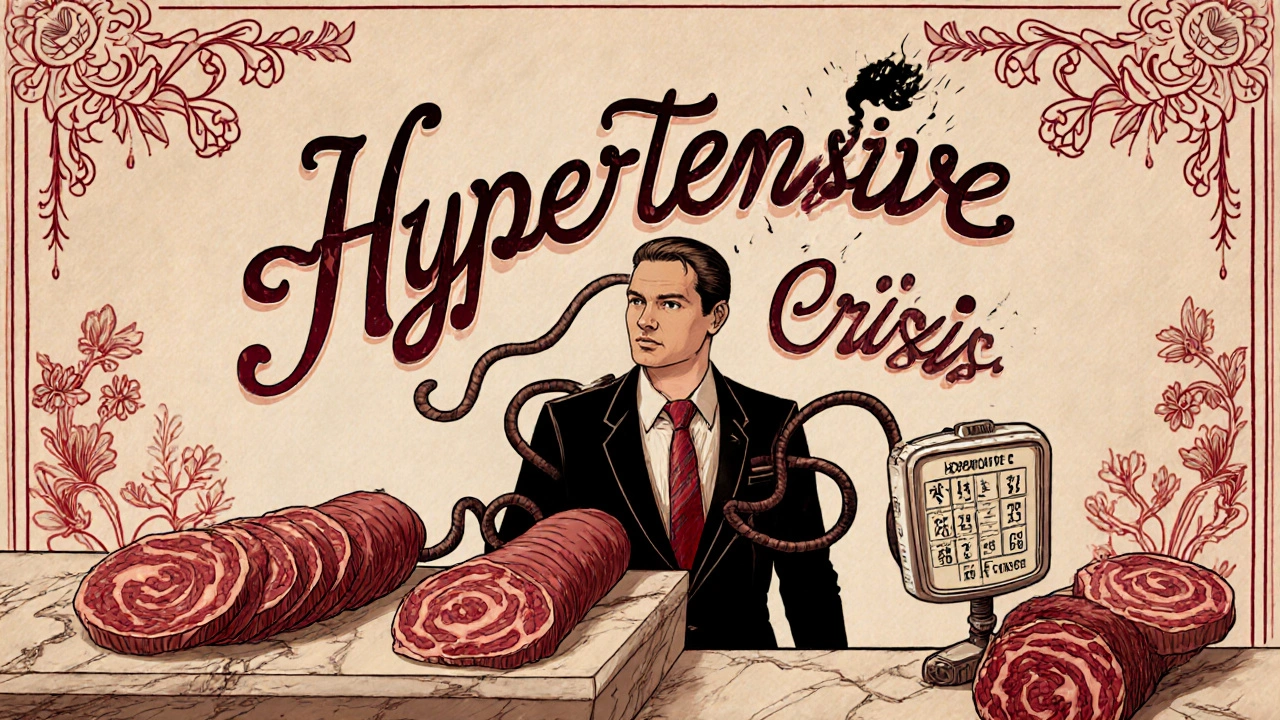 Deli meats with dark tendrils choking a man, his suit becoming a blood pressure monitor, in Art Nouveau style with sepia and crimson tones.