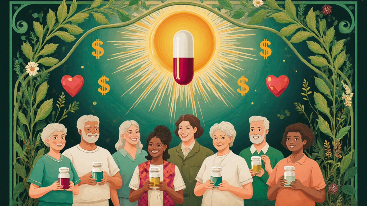 Diverse patients holding generic bottles under a sun-shaped pill canopy, framed by medicinal herbs.