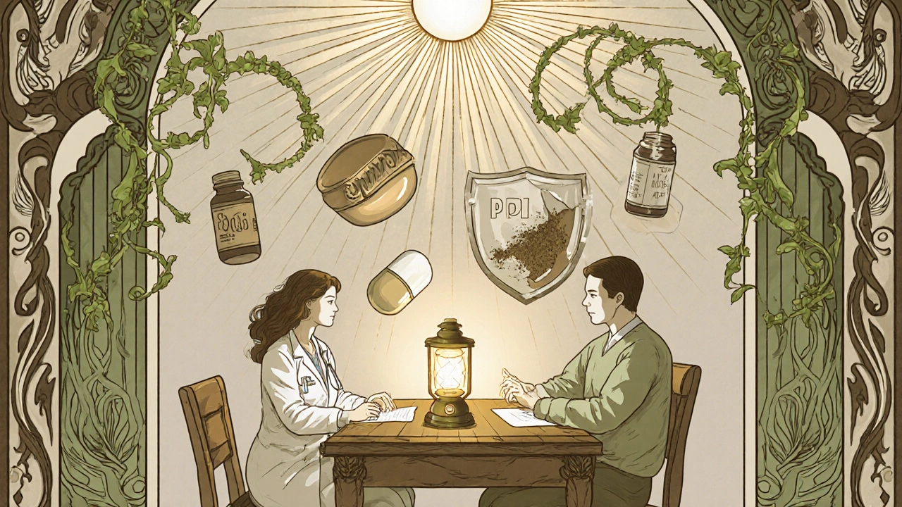 Doctor and patient at table with safe medication icons glowing, discarded NSAIDs crumbling, ivy growing upward.