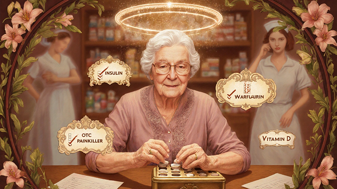 Elderly woman organizing pills at a table, surrounded by floating medication labels in ornate design.