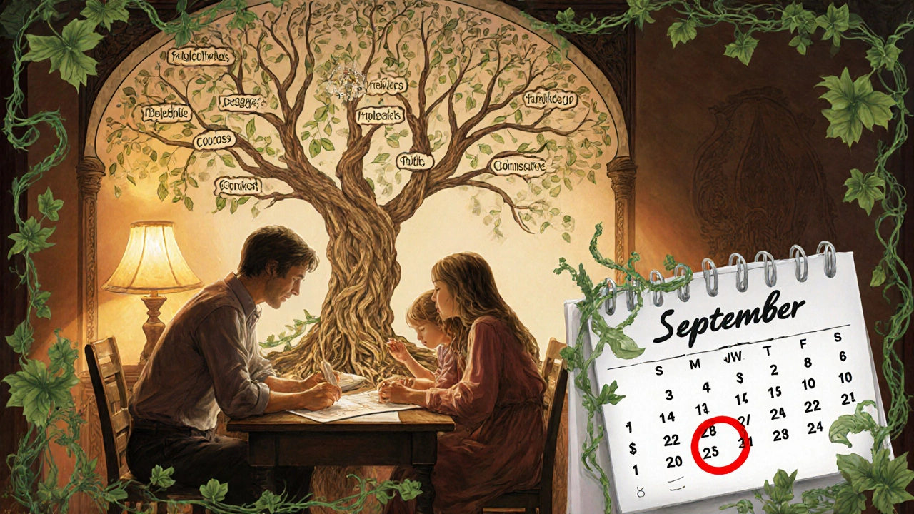 Family studying an ornate tree-shaped chart of health plan costs under warm lamplight.