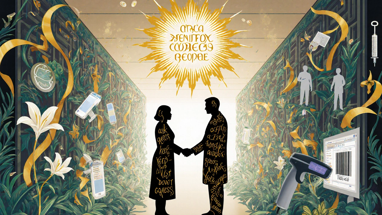 Hospital corridor made of flowering medical symbols, with patient and doctor shaking hands amid swirling text.