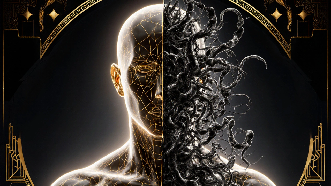 Human silhouette divided by geometric light lines and chaotic dark tendrils, symbolizing genetic testing vs. unknown reactions.