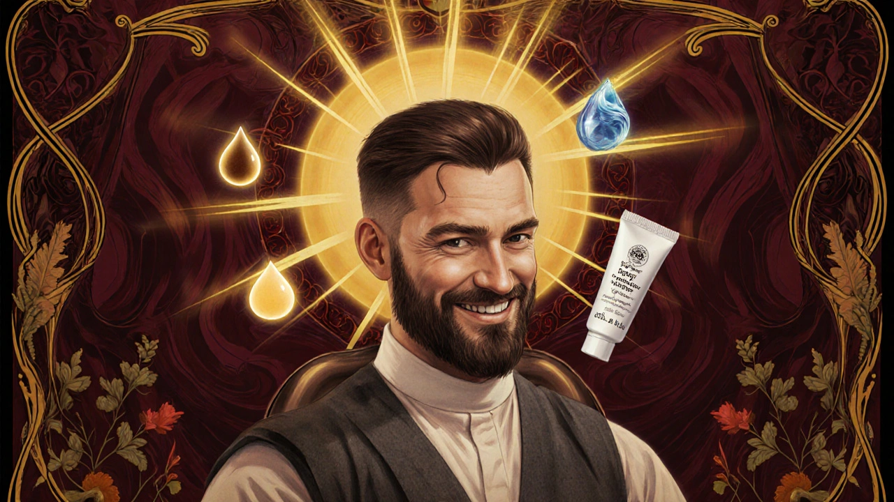 Mystical barber chair with floating treatment ingredients in golden light, man with clear scalp, surrounded by Art Nouveau sunbeams and herbs.