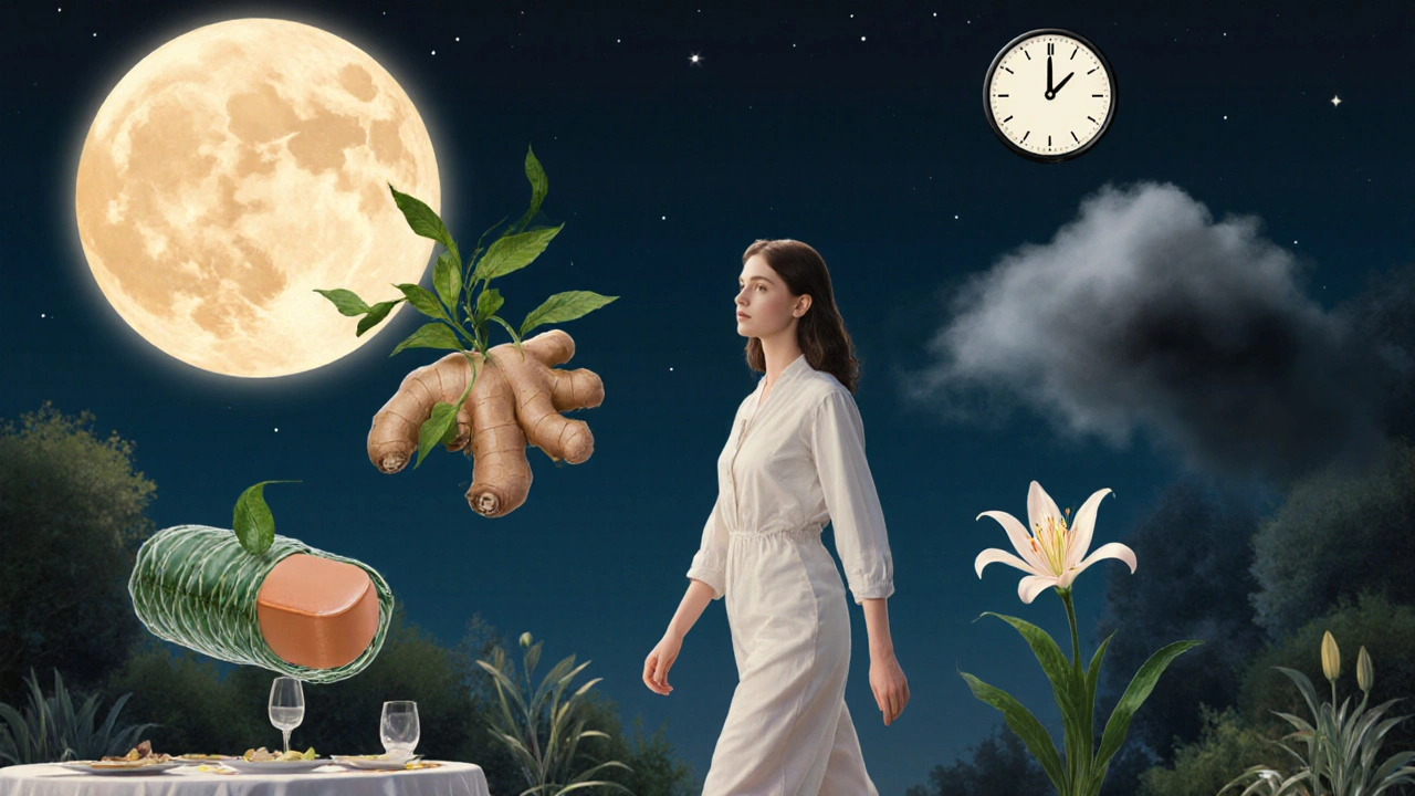 Patient walking after dinner with healing symbols floating around, fading symptoms, and a clock showing evening meal time.