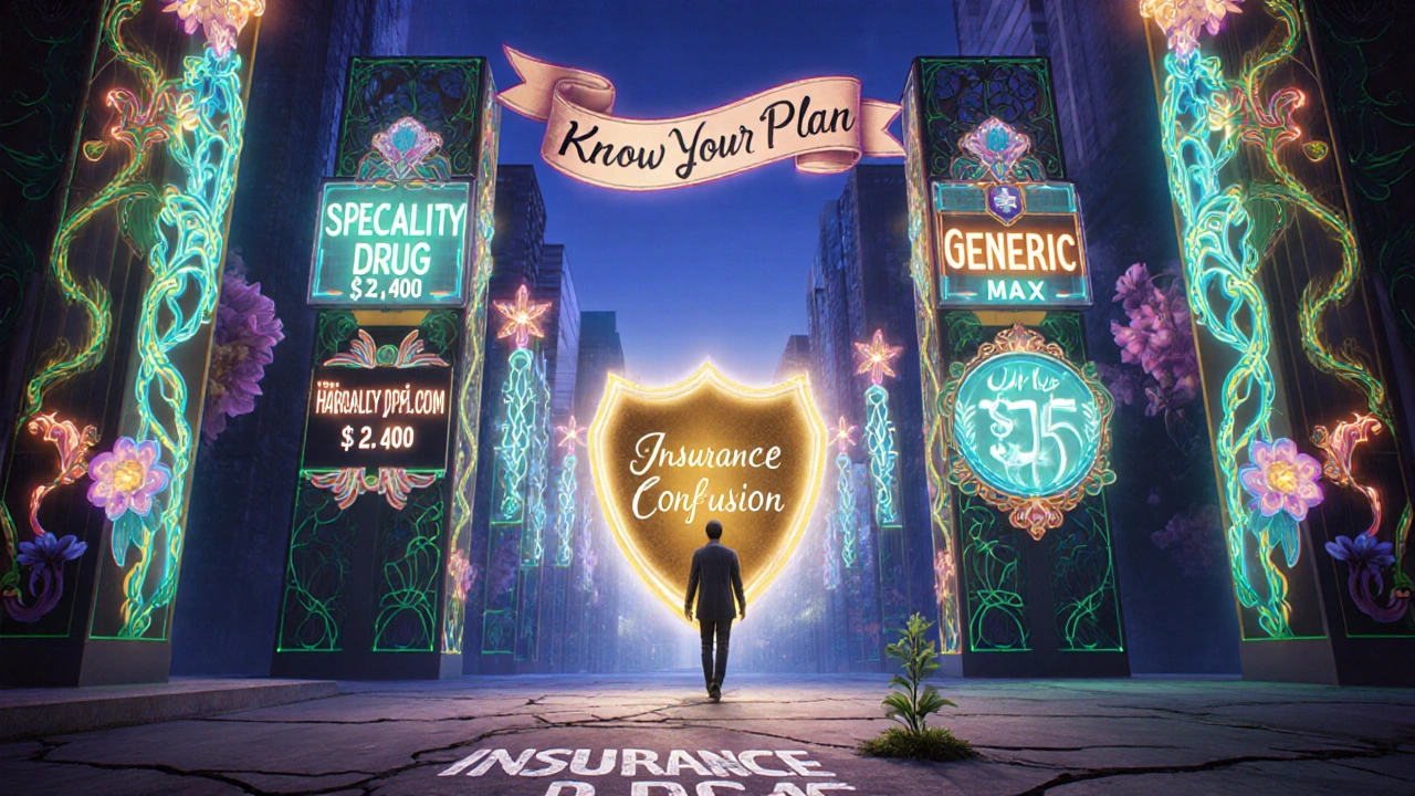 Person walking past glowing pharmacy signs with contrasting drug prices under a shield labeled &#039;Out-of-Pocket Max&#039;.