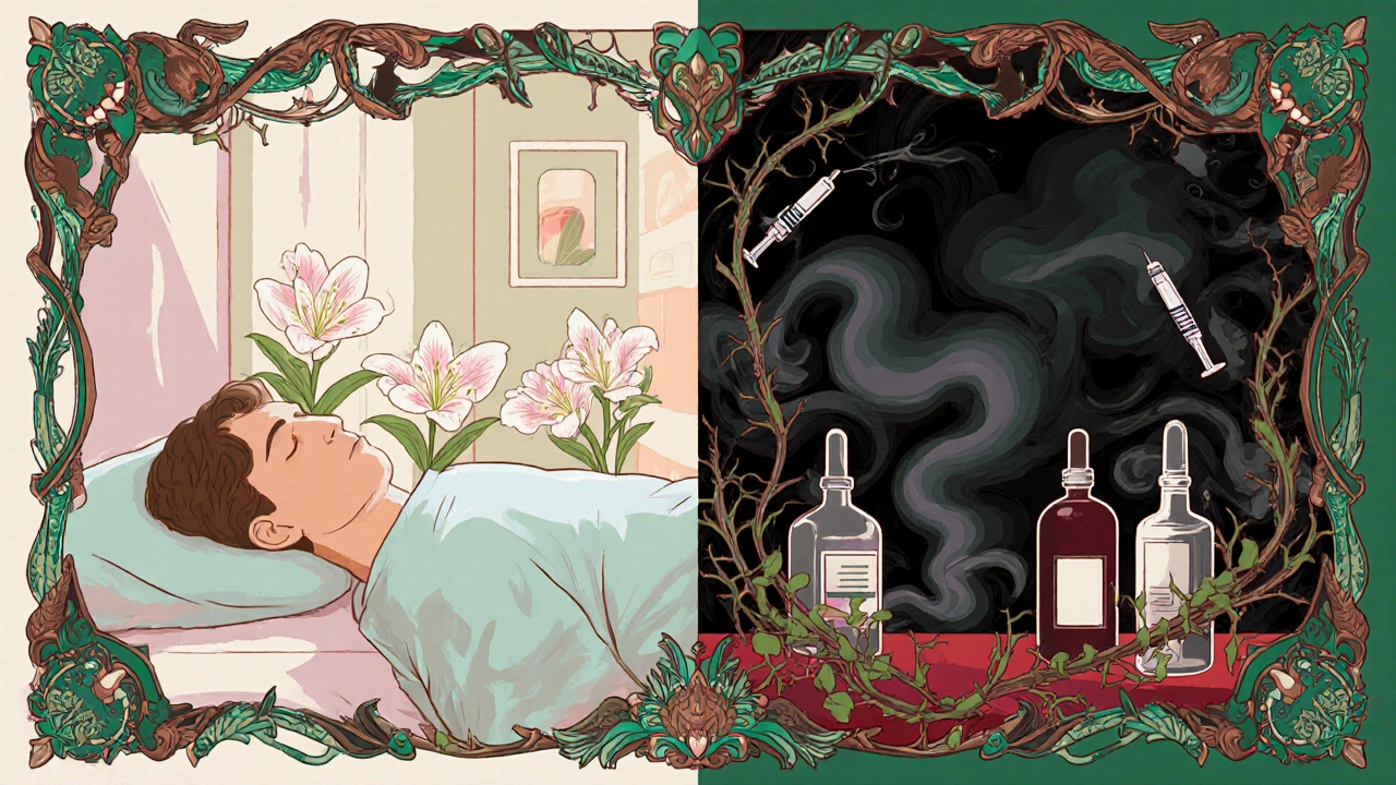 Split illustration: peaceful sedation vs. deadly drug mix with ornate vines and dark smoke.