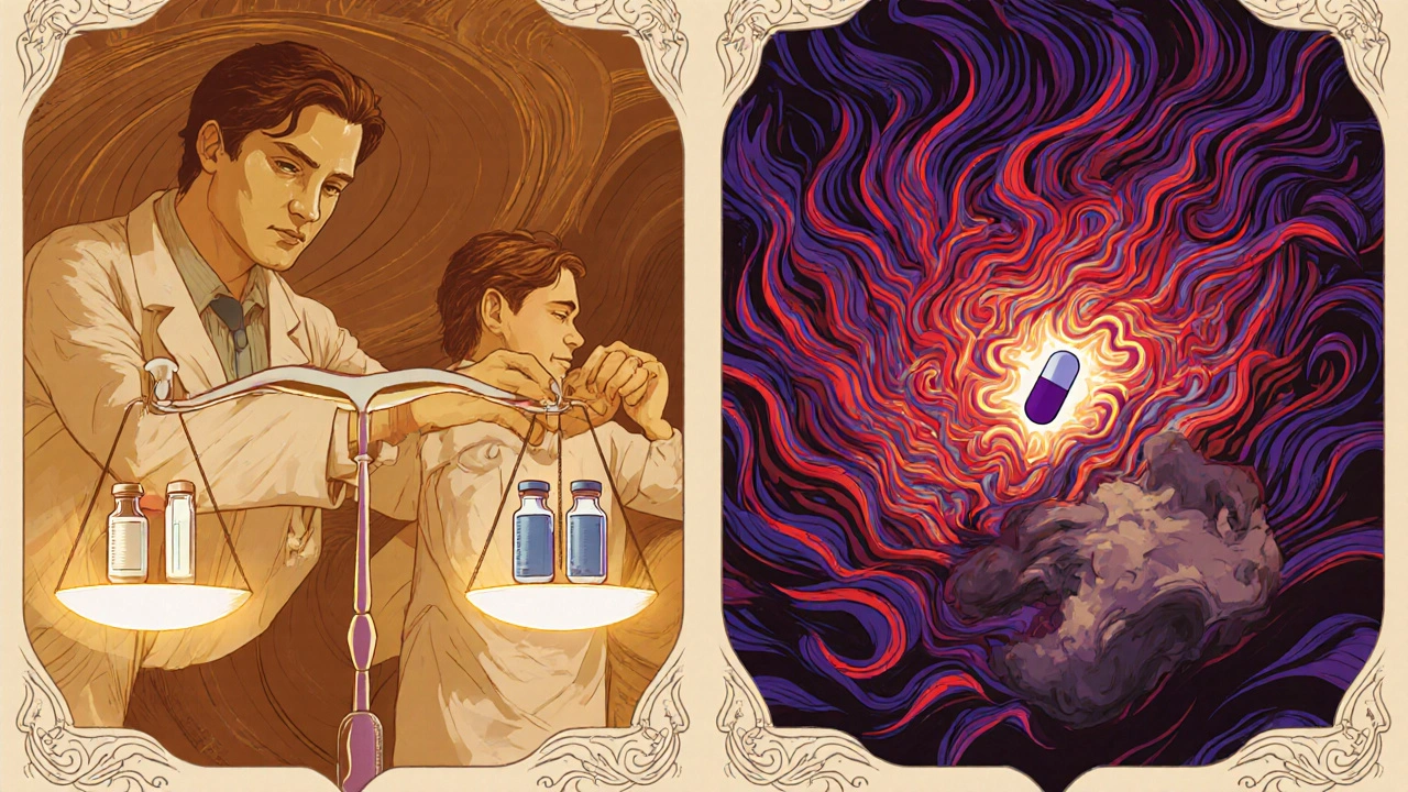 Split scene: doctor adjusting medication scales on one side, patient struck by storm of toxic tendrils on the other.