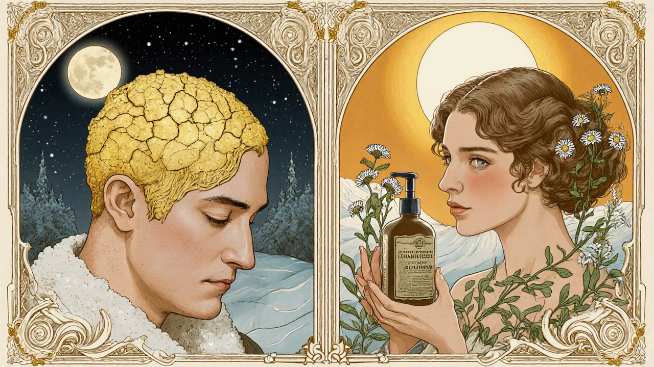 Split scene: flaky scalp in winter vs. healthy scalp in summer, with a woman holding a shampoo bottle amid ornate vines and light.