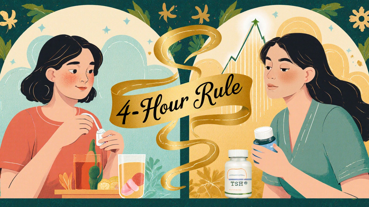 Split scene of morning thyroid and lunchtime iron with golden ribbon labeled &#039;4-Hour Rule&#039;.