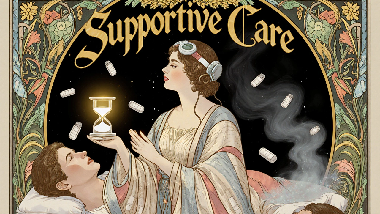 Woman embodying supportive care holds hourglass as dangerous pills dissolve into smoke.