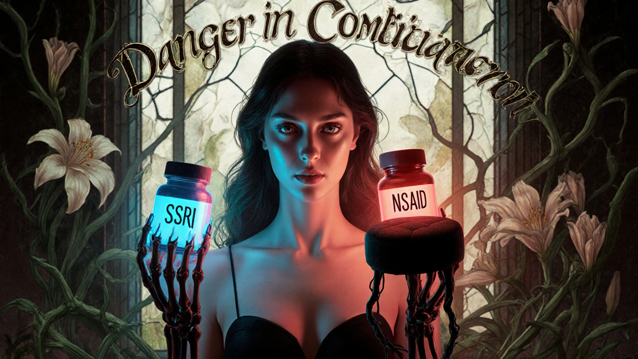 Woman holding SSRI and NSAID pills as shadowy hands reach from below, surrounded by thorned lilies.