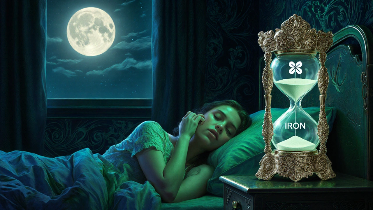 Woman taking thyroid medication at night as moonlight shines, iron bottle marked four hours ahead.