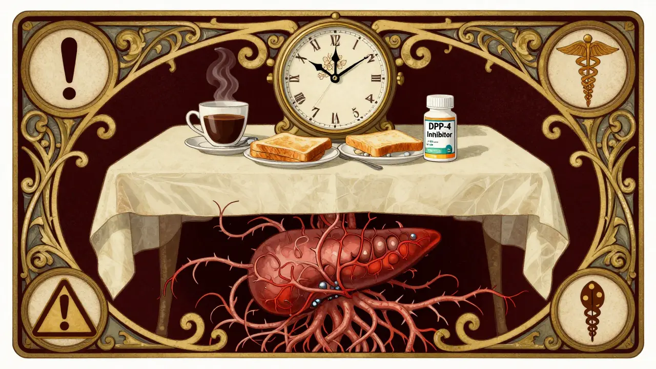 A breakfast table with a pill bottle, beneath which a hidden, throbbing pancreas twists in organic, warning patterns.