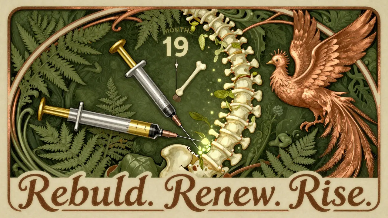 A clock with bone hands injects leaf-like bone tissue into spine and hip, surrounded by ferns and phoenix feathers.