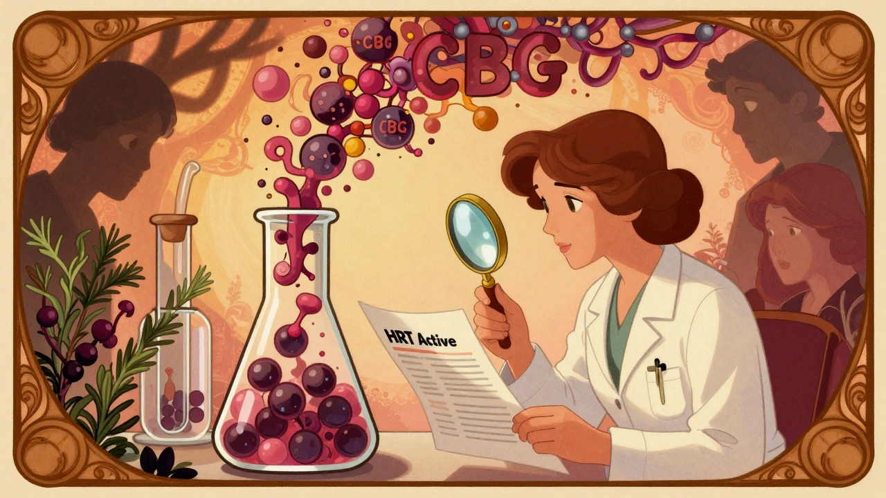 A cortisol-filled beaker with bound proteins and herbal supplements watching in Art Nouveau style.