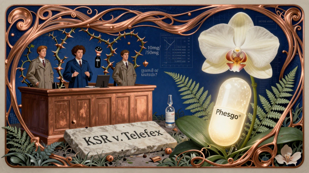 A courtroom garden with patent vines being uprooted, a glowing capsule blooming, and data ferns in Art Nouveau aesthetic.