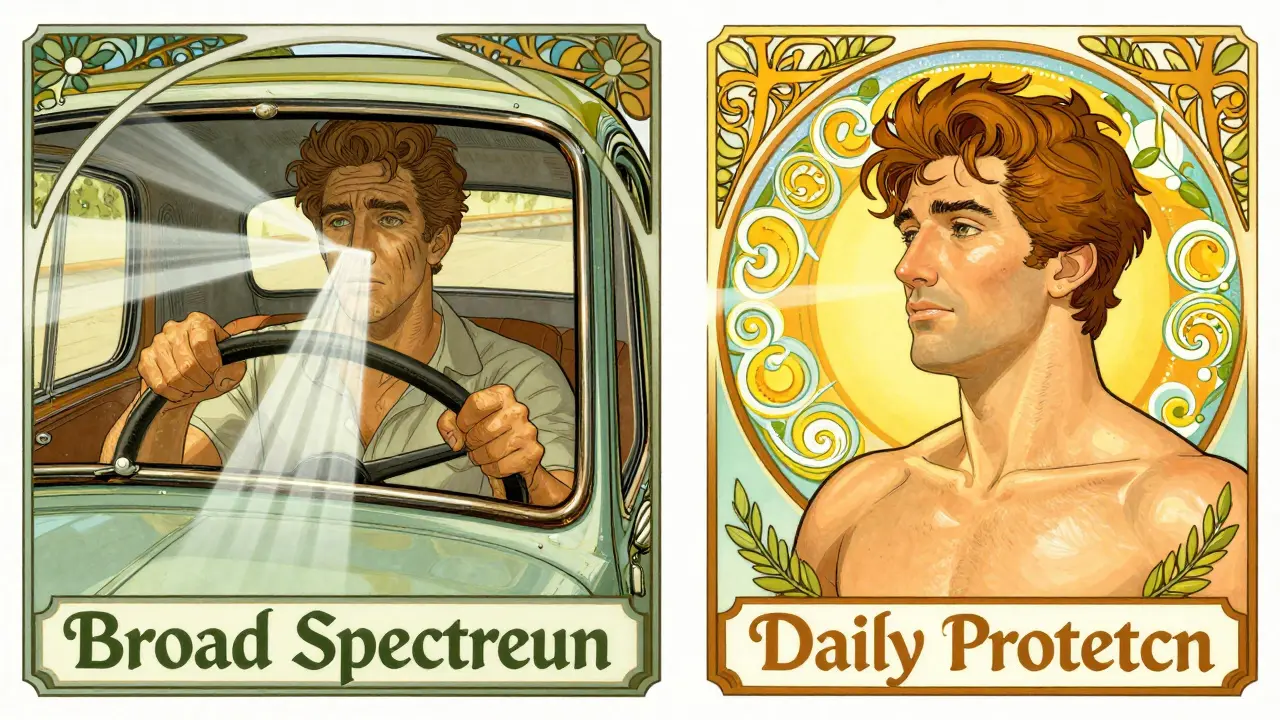 A driver with UV damage on one side, protected on the other, framed by protective symbols.