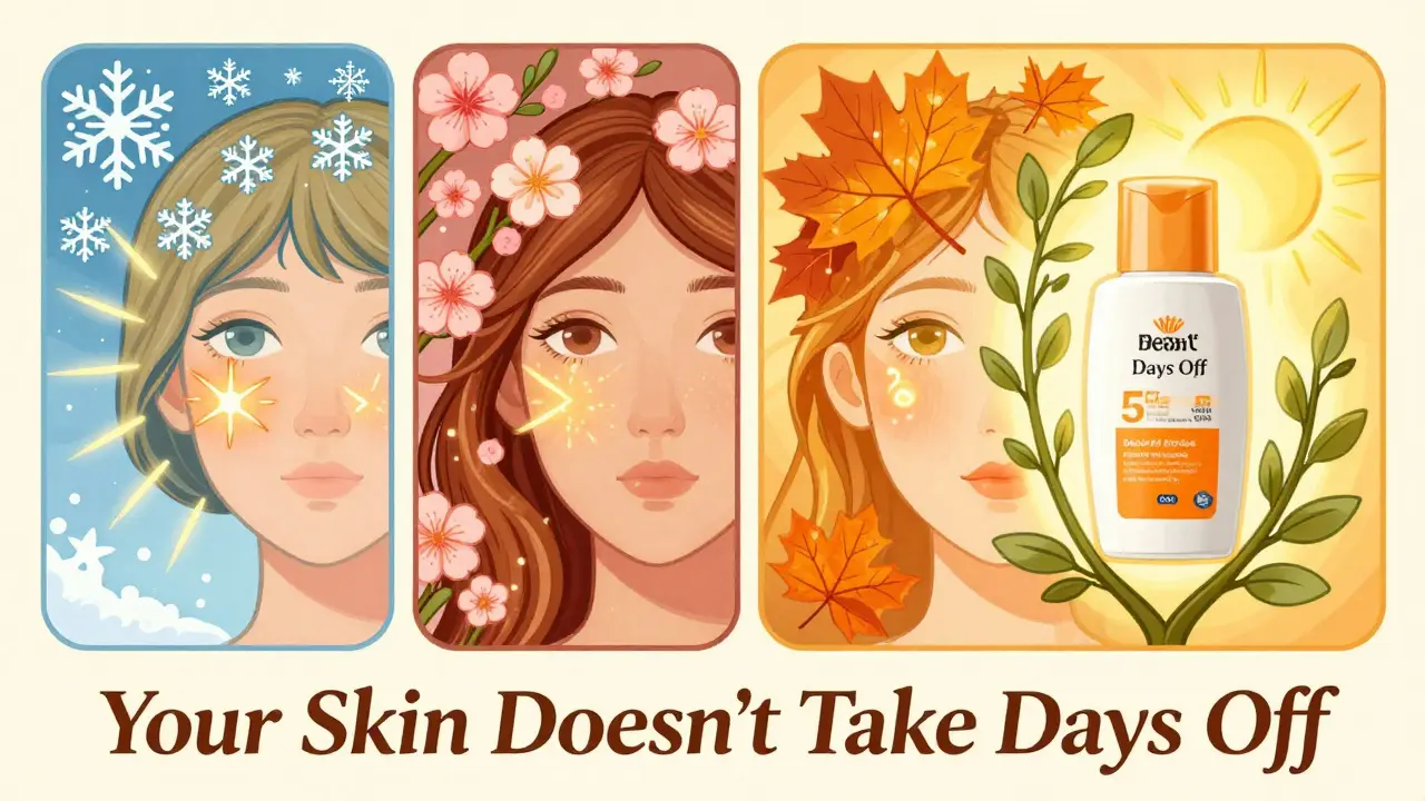 A face across four seasons, each showing invisible UV damage healed by glowing sunscreen.