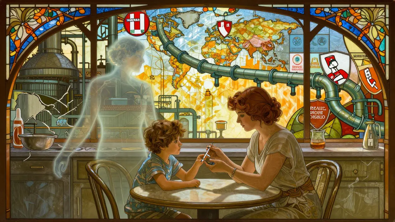 A family receives insulin as a broken factory fades, replaced by glowing state policy shields and supply chains.