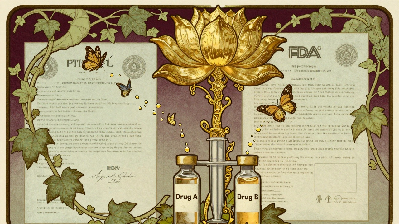 A lotus-shaped injector releasing drug droplets that become butterflies, set in an Art Nouveau decorative background.