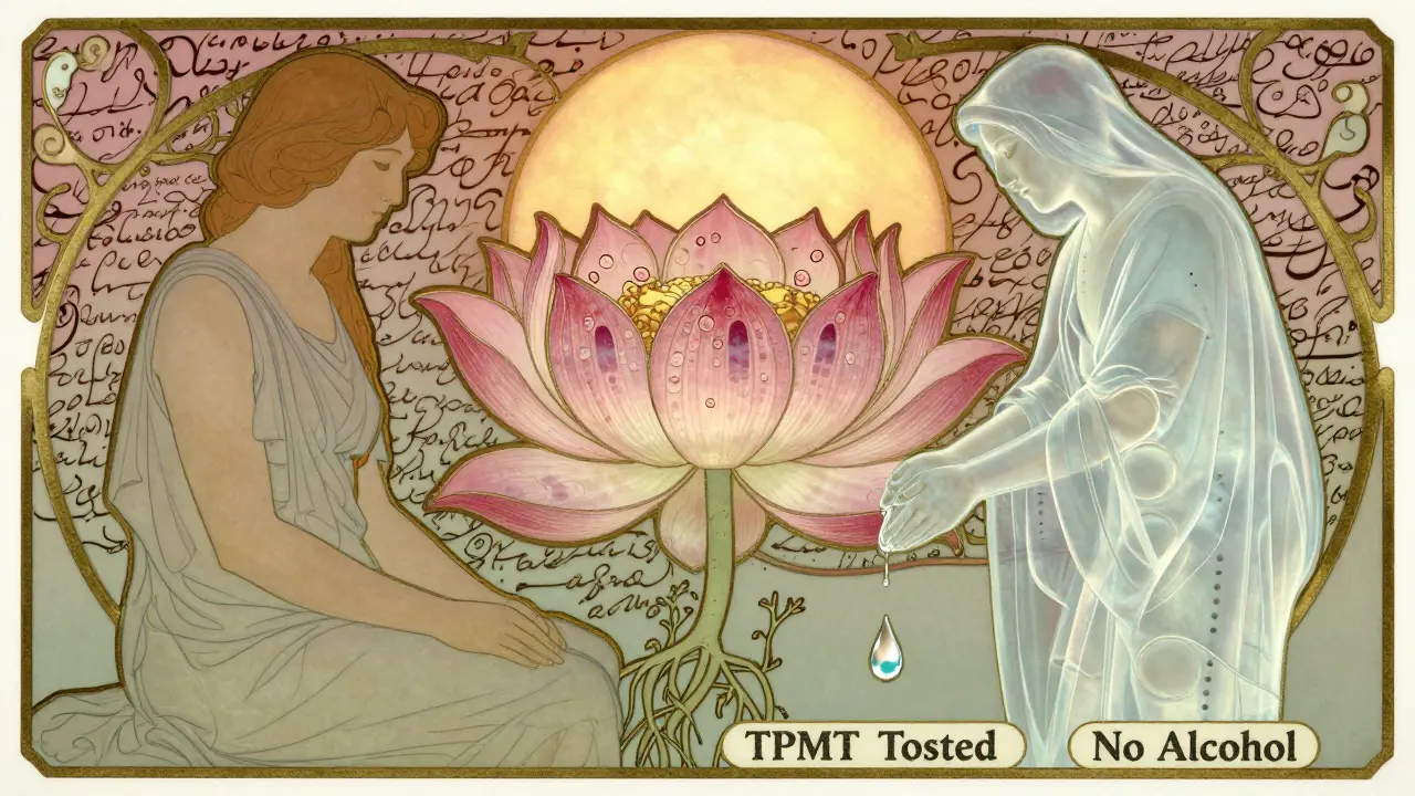 A patient beside a lotus liver flower being tended by steroid and azathioprine figures, with blood test patterns in the background.