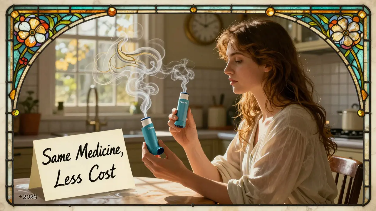 A patient holds two identical inhalers emitting mist shaped like vines, with sunlight casting stained-glass patterns in warm tones.