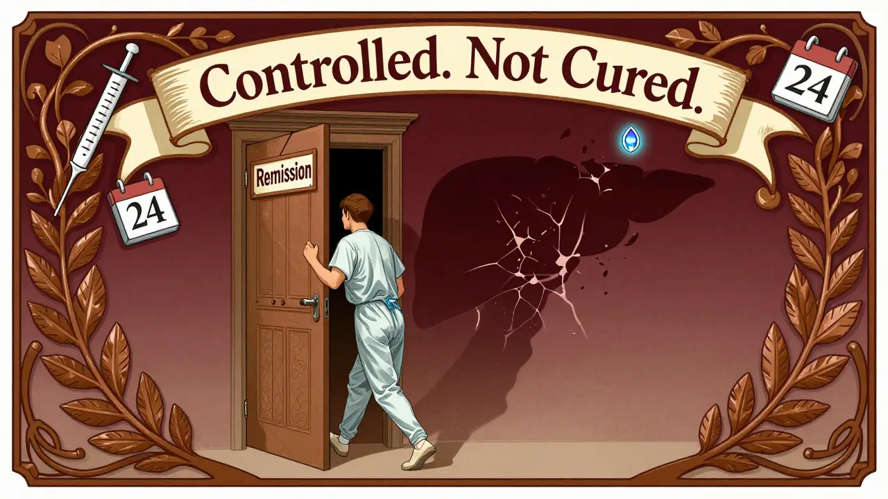 A person walking through a remission door, leaving behind liver scarring, with medical symbols and a glowing TPMT icon above.