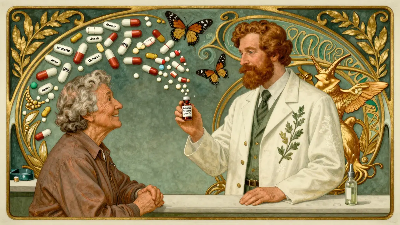 A pharmacist presents an authorized generic vial to a patient, while a mural of pills turning into butterflies adorns the wall behind them.