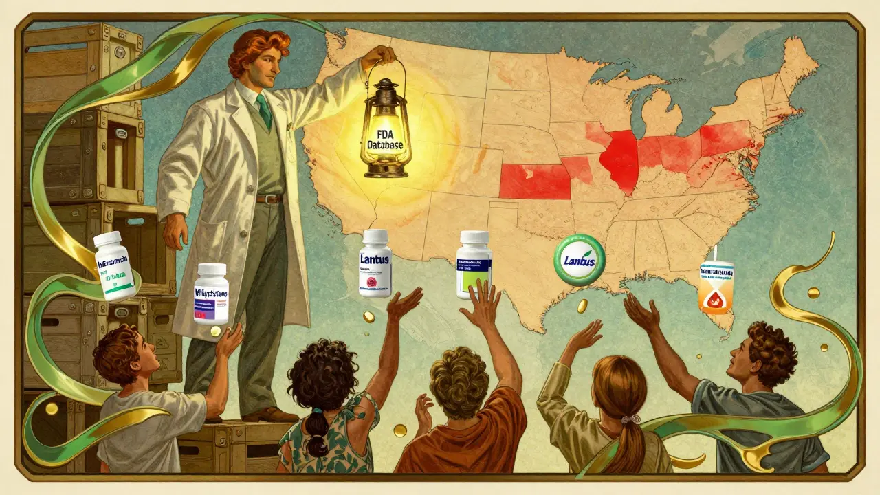 A pharmacist stands atop drug crates, holding a lantern labeled 'FDA Database' while alternatives float in ornate ribbons.