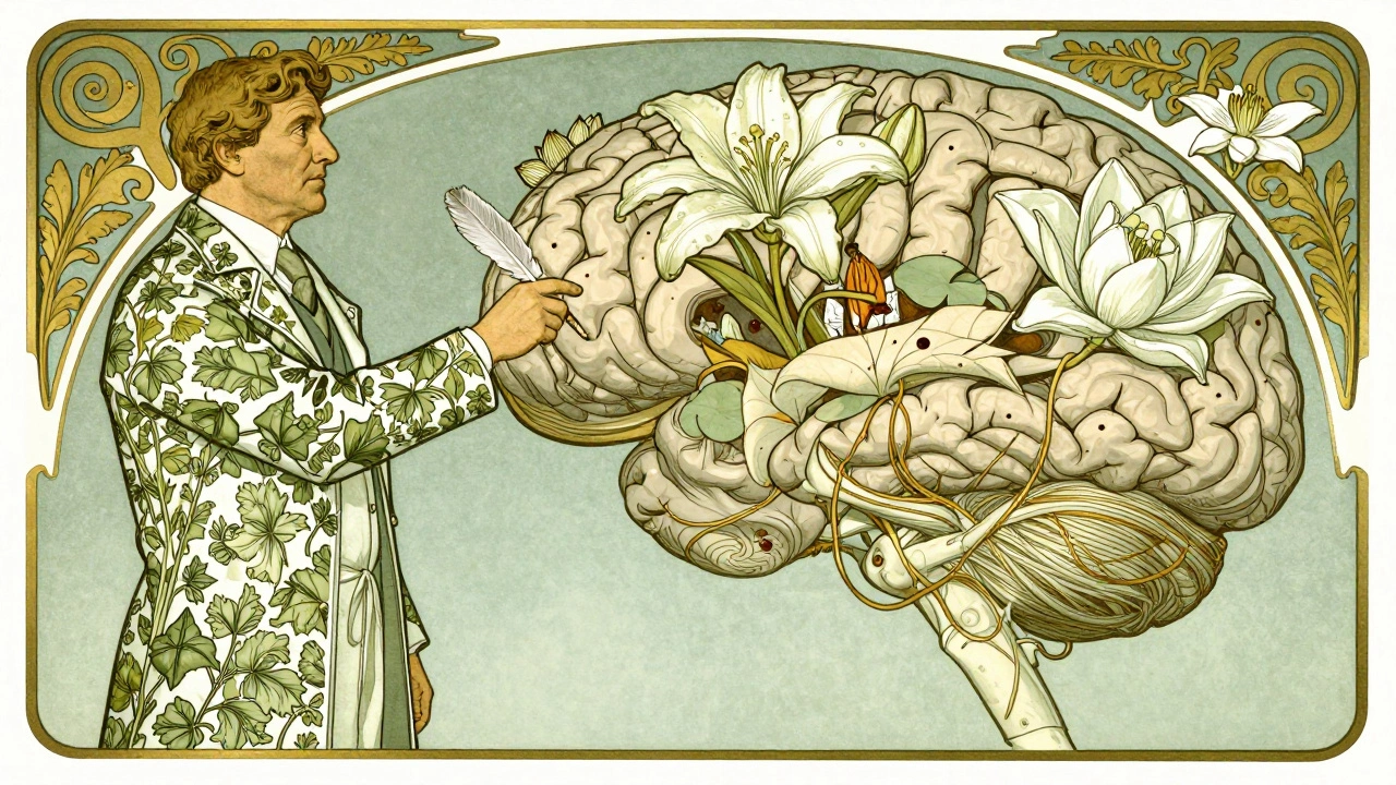 A radiologist pointing at a blooming brain atlas with symbolic lesions hidden in petals.
