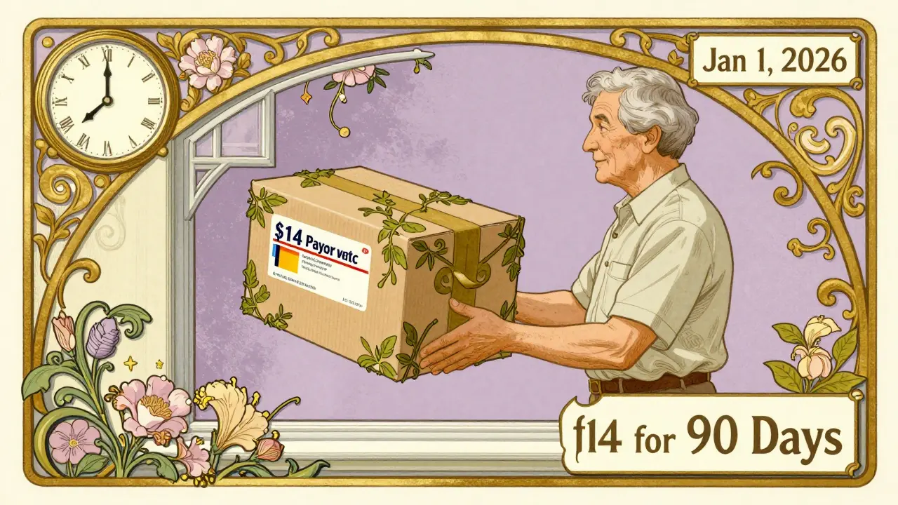 A retiree receives a 90-day generic medication delivery in a vine-wrapped box with soft Art Nouveau styling.