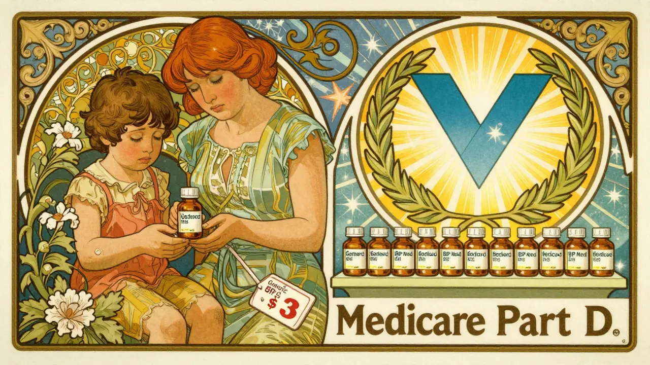 A split scene shows a family paying for pills out of pocket versus a glowing Medicare Part D emblem illuminating the same medication.