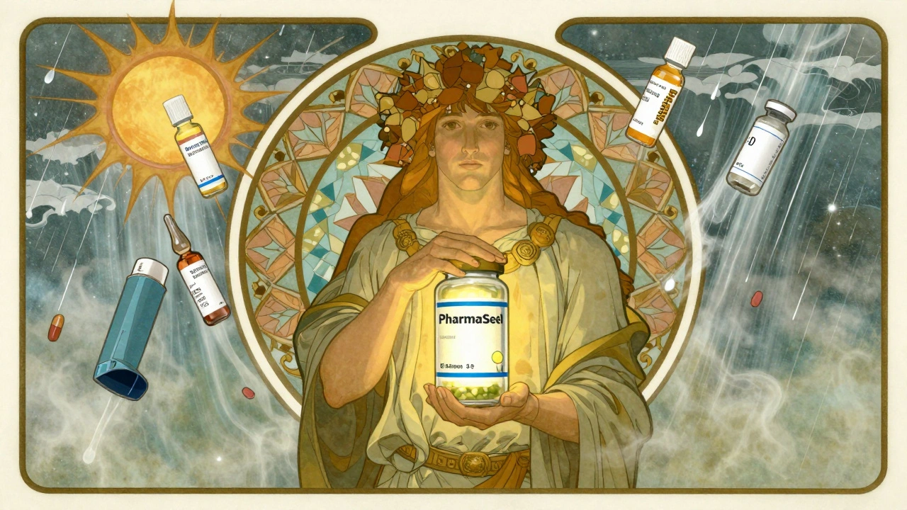 A traveler holding a protective canister as medications float safely amid floral motifs repelling humidity.