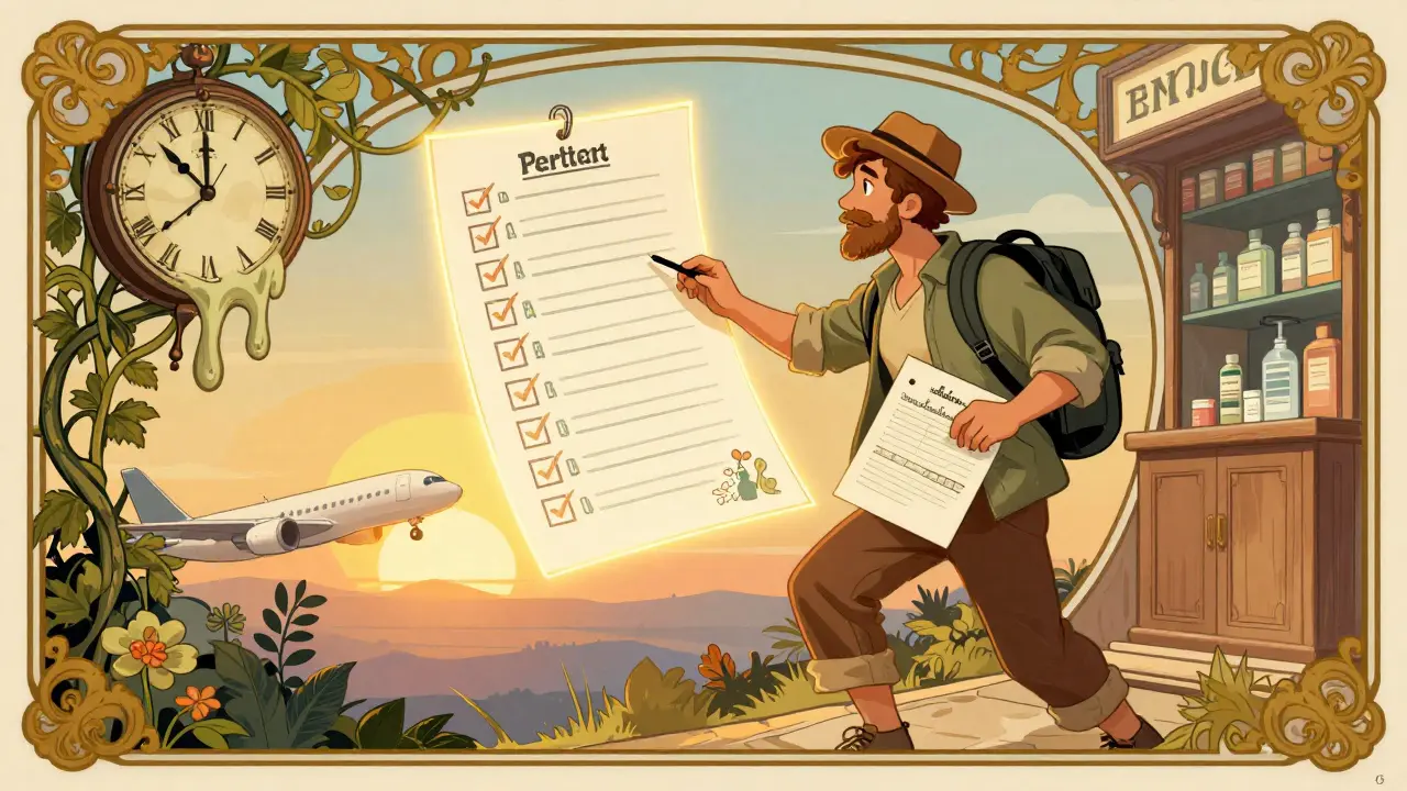 A traveler returns home at sunrise, holding medication documents as a glowing checklist hovers behind them in floral design.